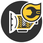 Yellow wrench icon over black circle with white-and-gold industrial graphic