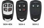 Three black car remote key fobs, varying button layouts, labeled 5834-4EN, 5834-4, and 5834-2.