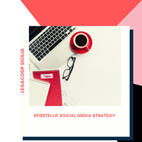 Un poster per la strategia dei social media di Sportello mostra un laptop e una tazza di caffè