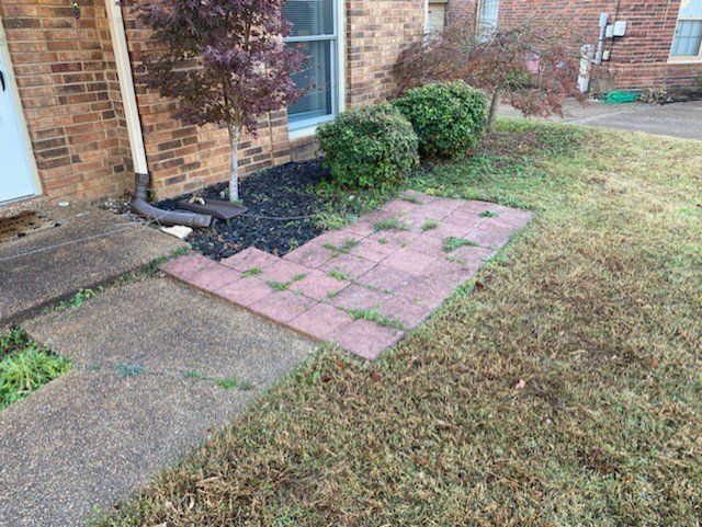 Brick walkway leading to a building entrance with overgrown grass and weeds.