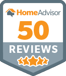 HomeAdvisor badge: 50 reviews, three stars. Orange 