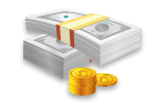 Bundles of cash and gold coins.