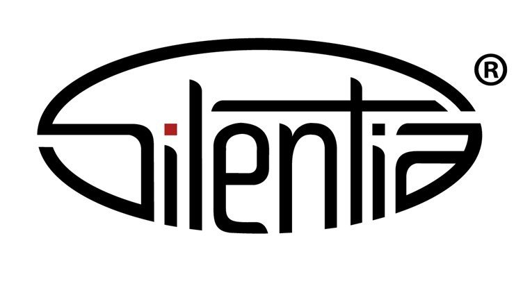 Logo silentia noir avec point rouge sur fond blanc, siège social