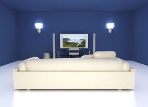 Call today fo professional decorating services A white sofa in a very modern, blue room
