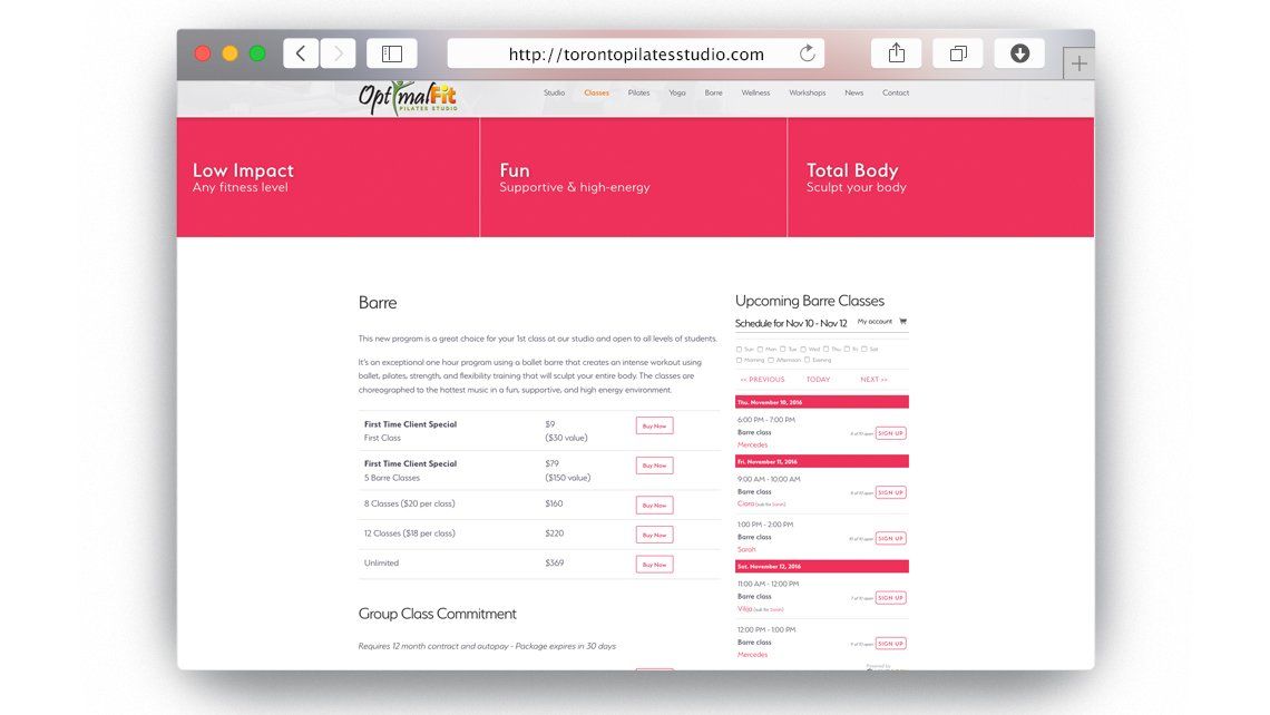 OptimalFit Pilates website page with Mindbody branded app