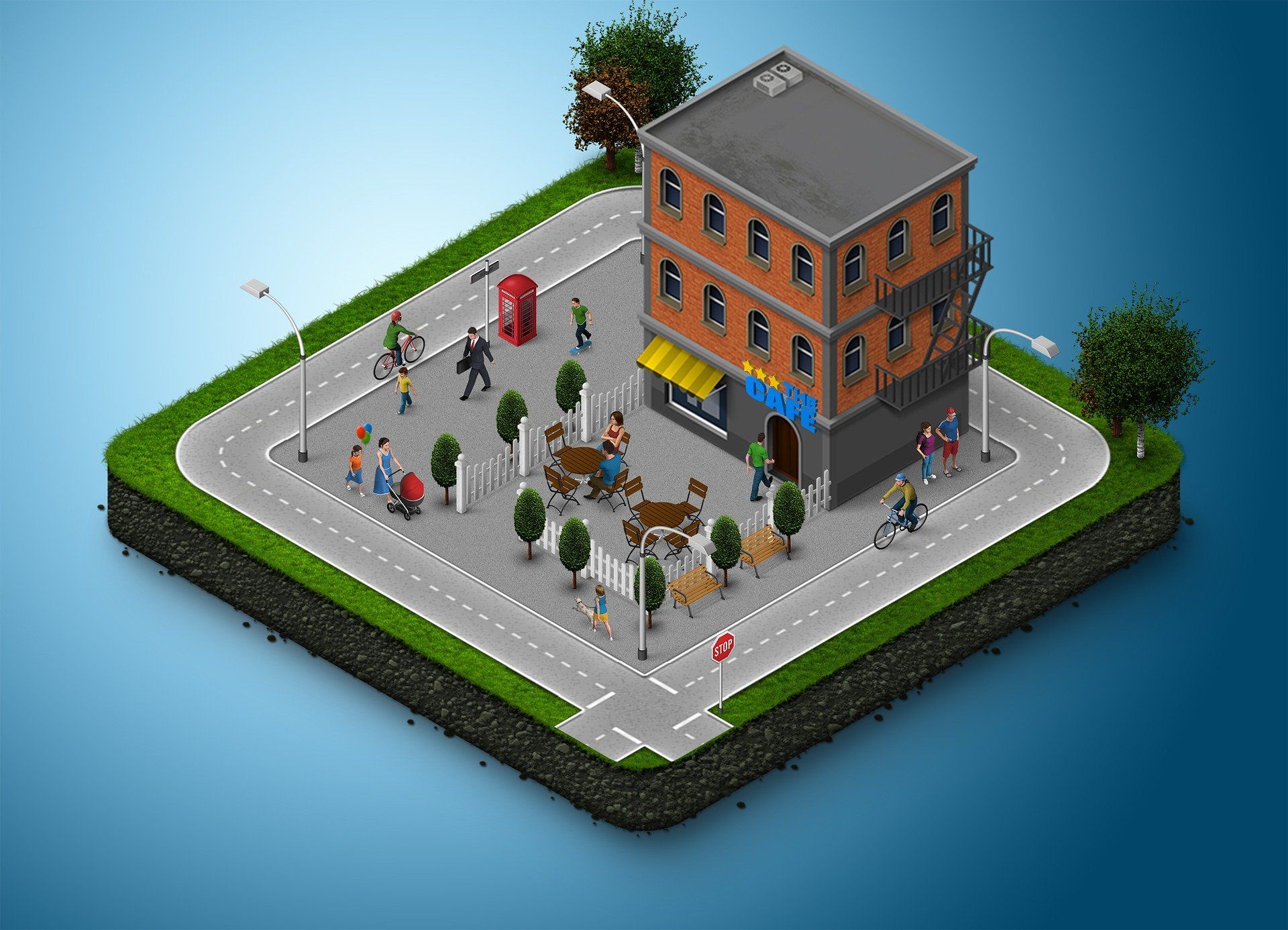 An isometric view of a city with a building and a telephone booth