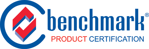 A blue and red logo for benchmark product certification