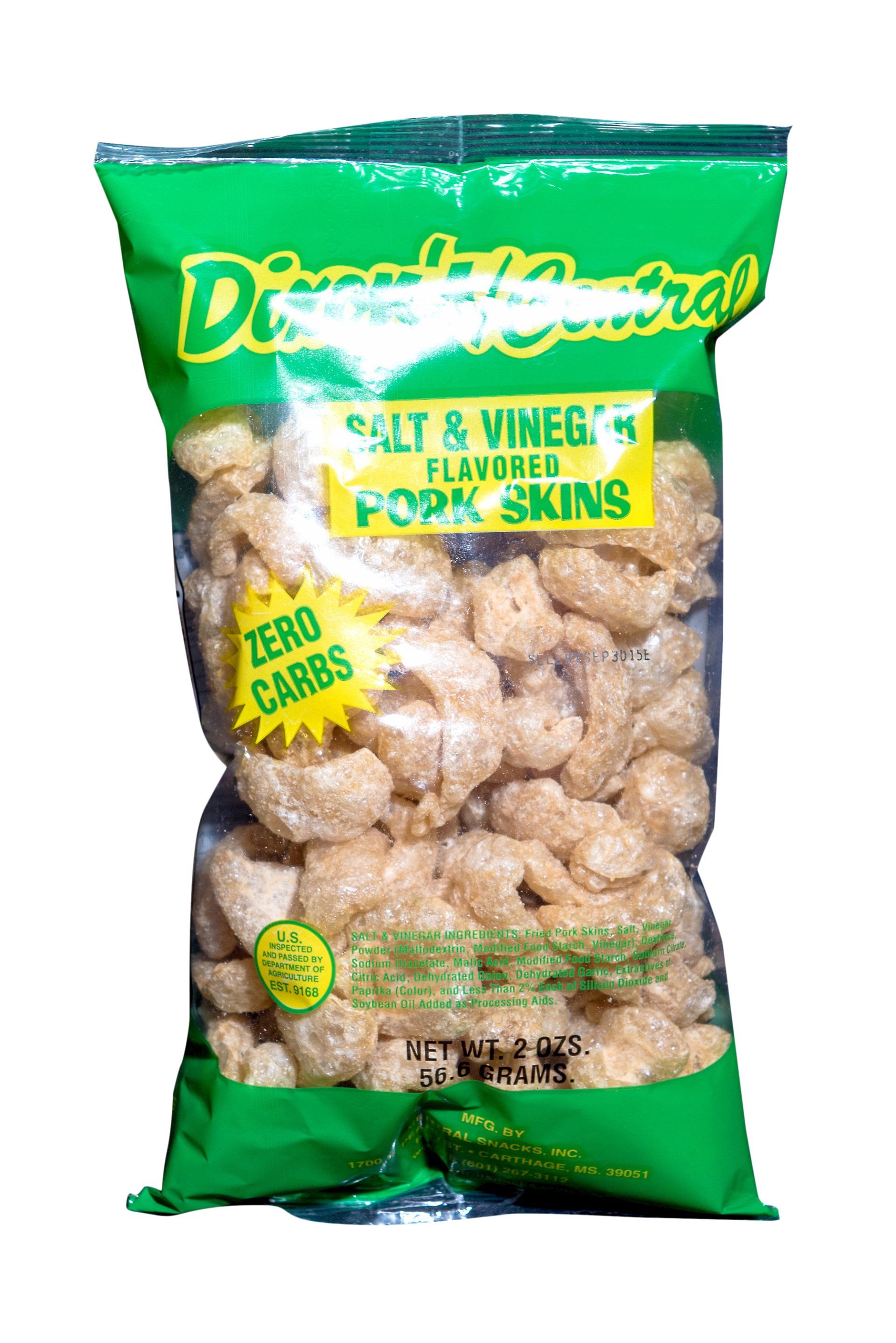 A bag of salt vinegar flavored pork skins on a white background.