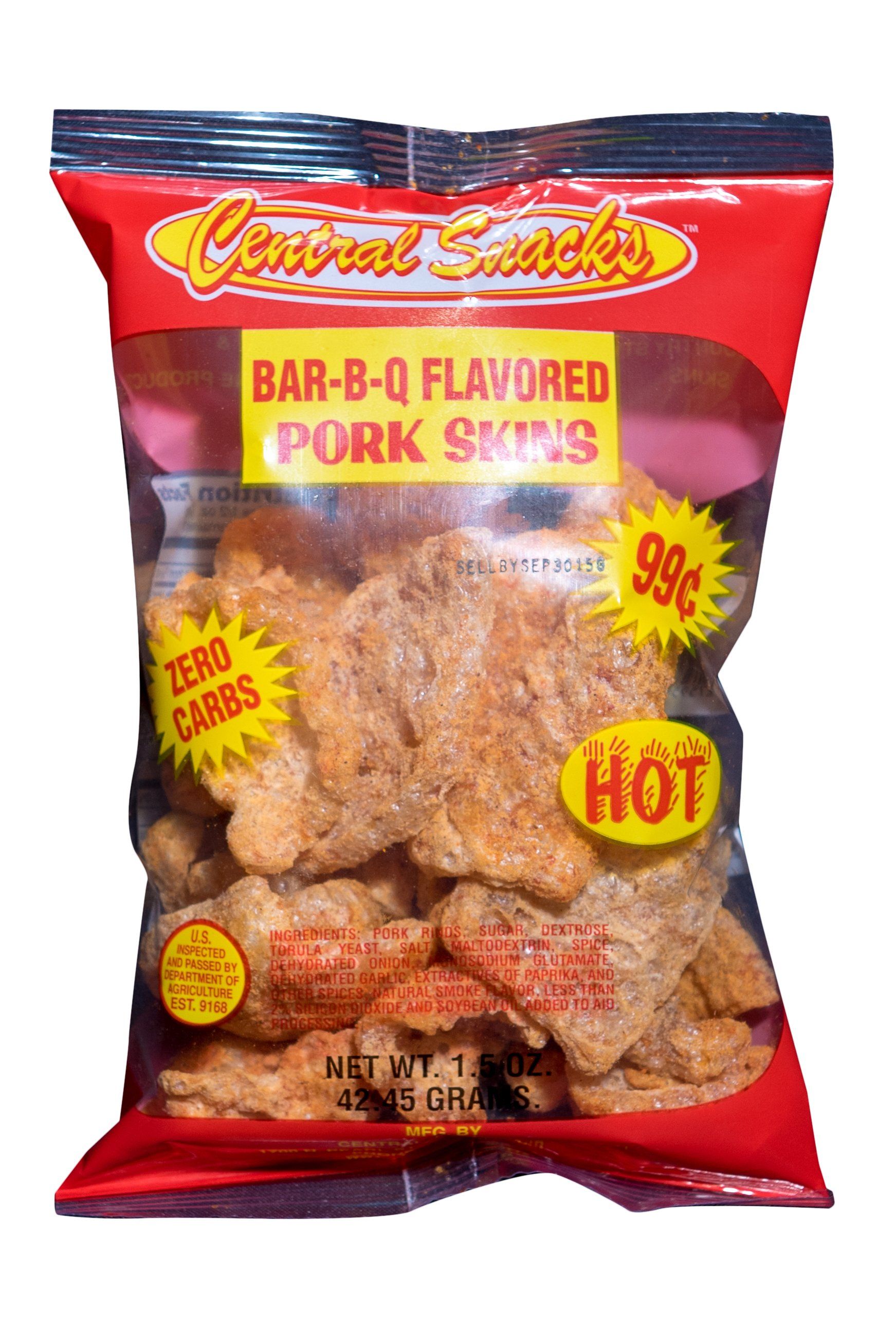 A bag of hot pork skins on a white background.