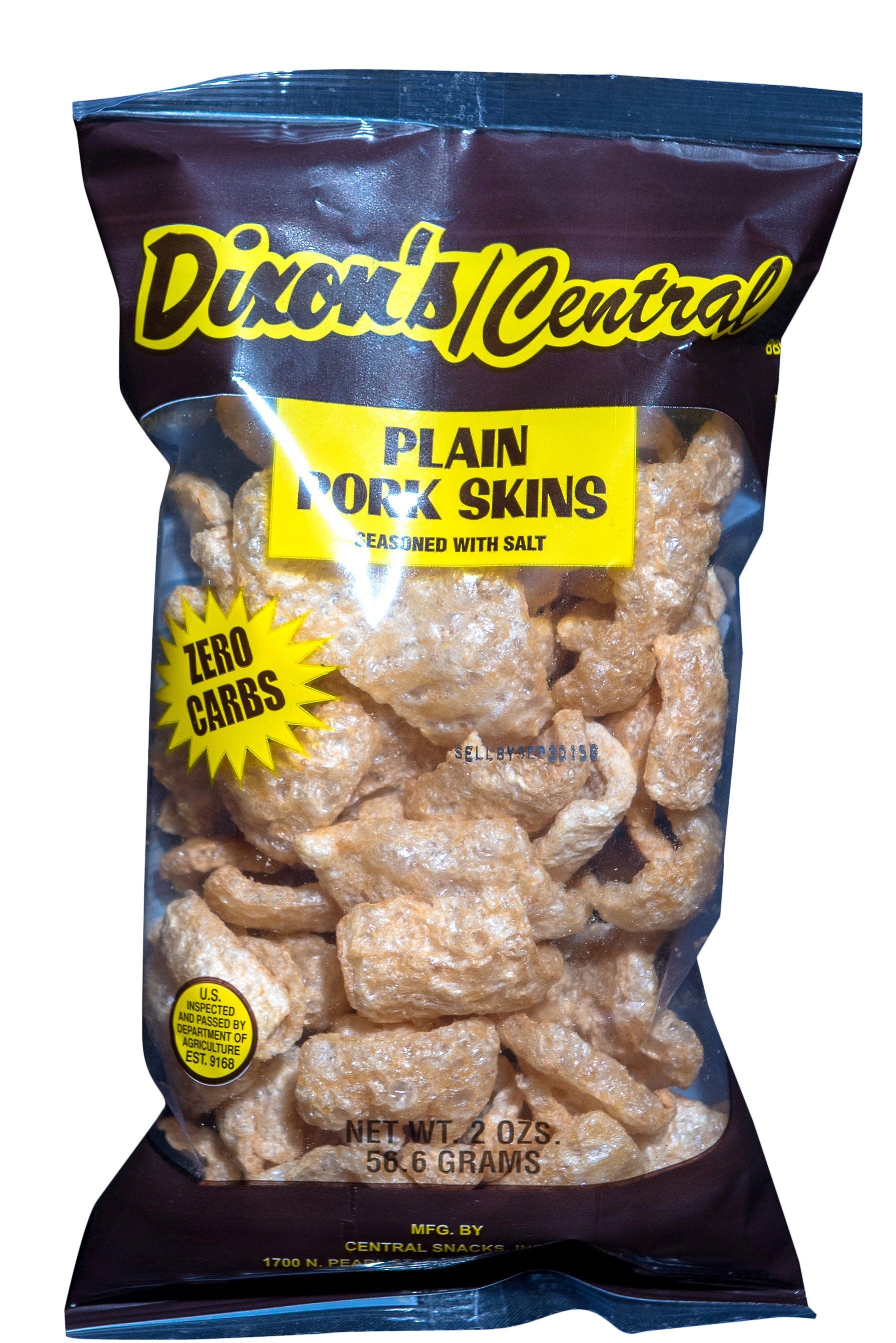A bag of dixon 's central plain pork skins
