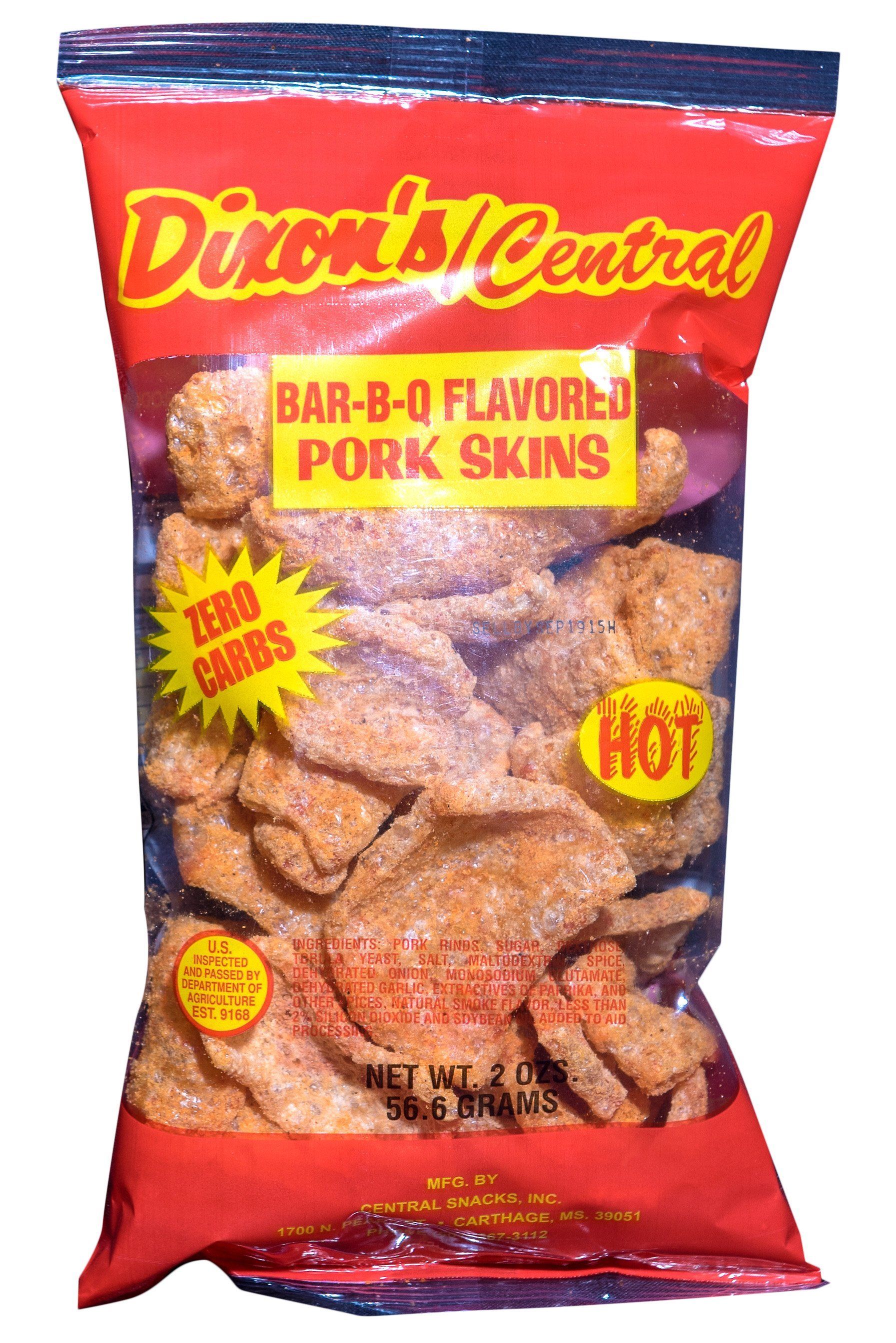A bag of dixon 's central bar-b-q flavored pork skins