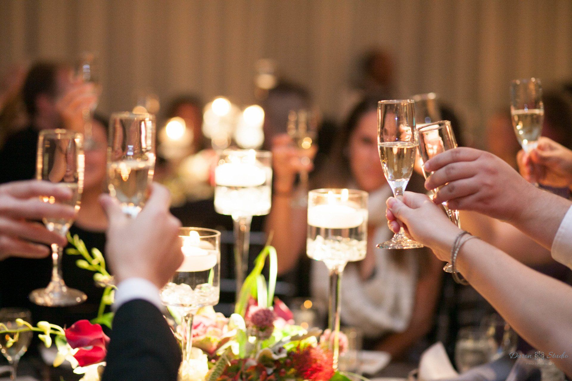 A group of people are toasting with champagne glasses at a wedding reception.
