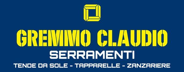 Logo per Gremmo Claudio Serramenti con testo giallo su sfondo blu, che elenca i prodotti: tende da sole, persiane, zanzariere.