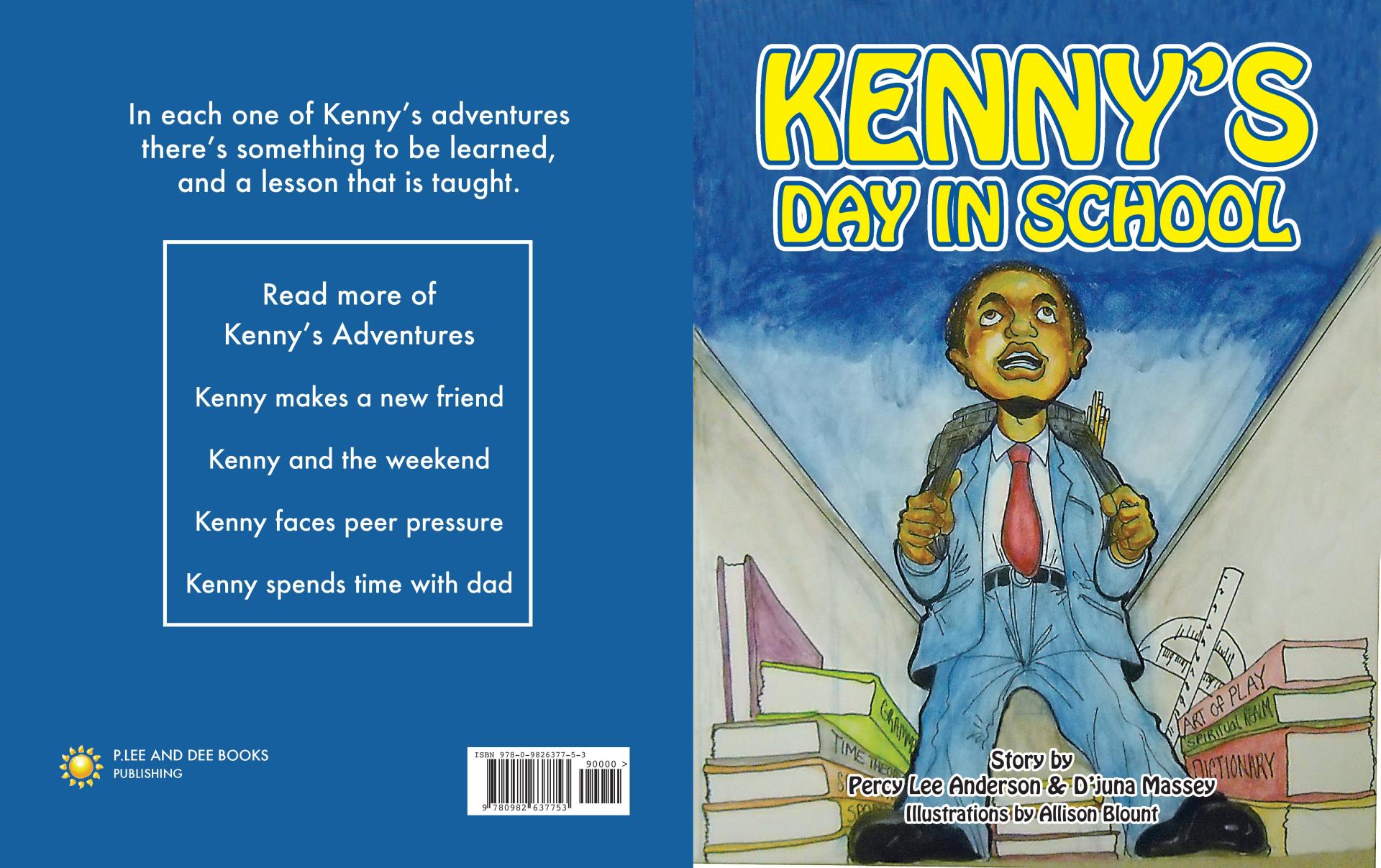 Book cover for “KENNY’S DAY IN SCHOOL” showing a cartoon boy in a blue jacket and red tie standing by a fence.