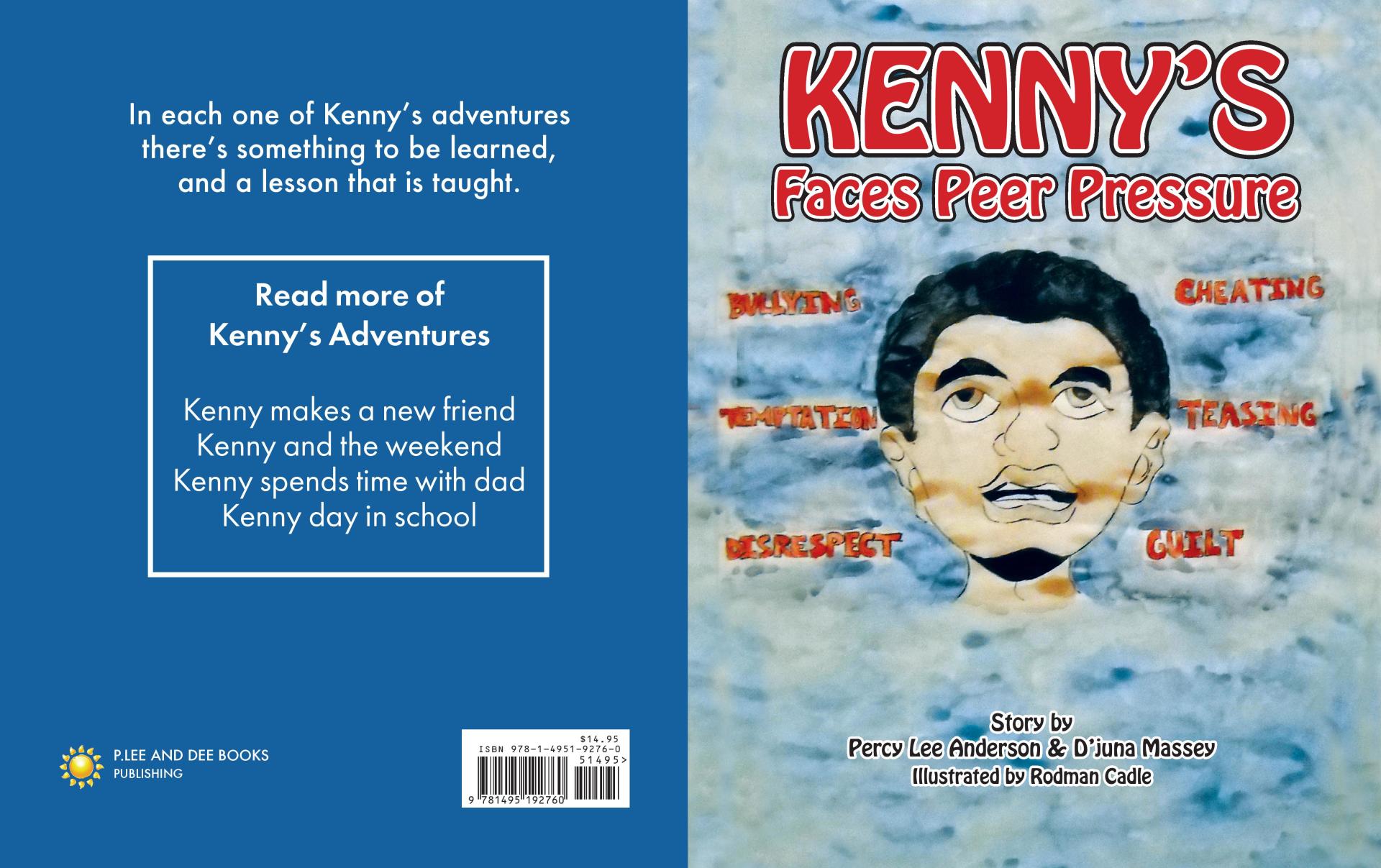 Book cover for “Kenny’s Fess PeeP Pressures” with blue background and a cartoon face centered on the front.