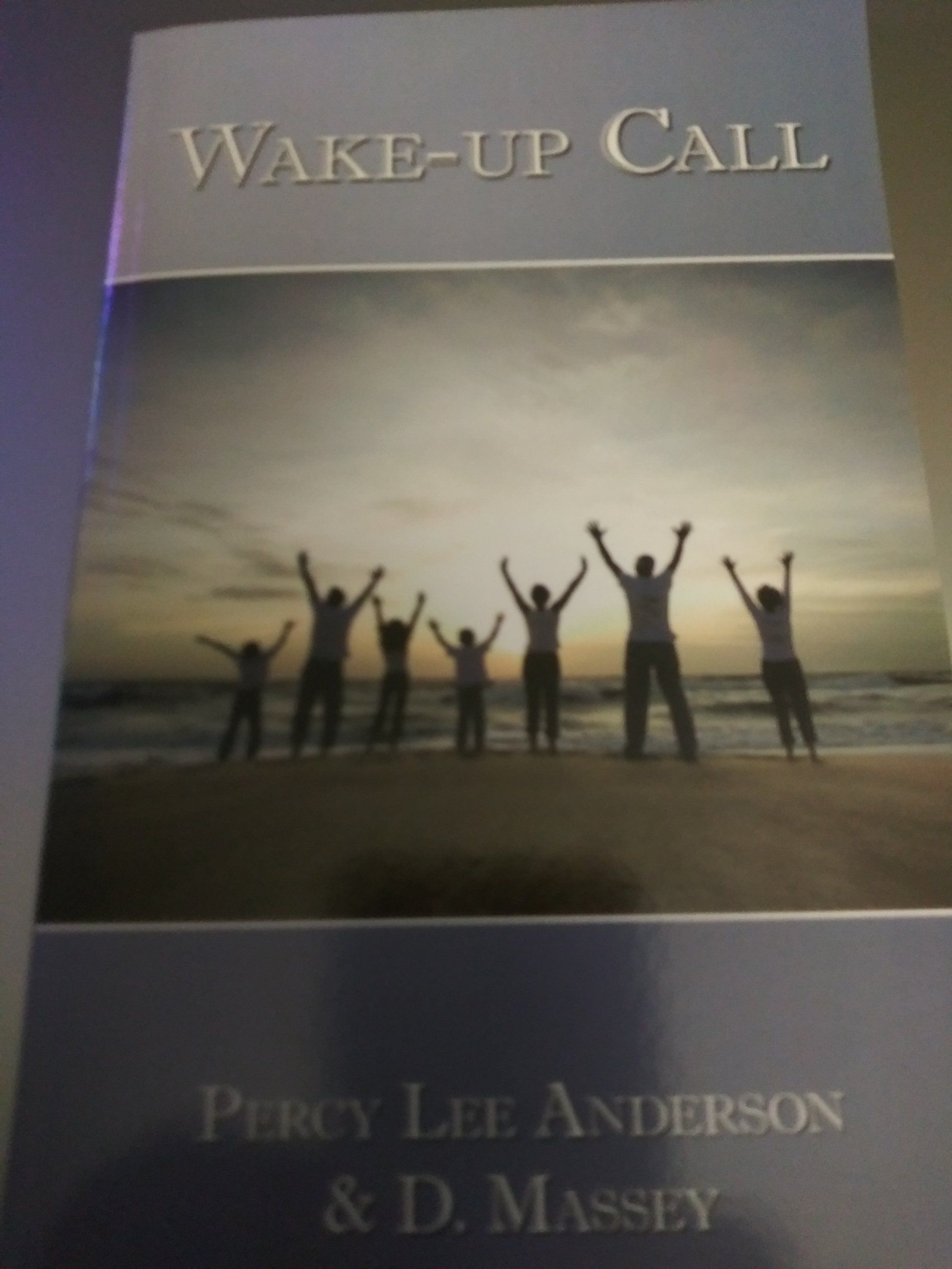 Book cover for Wake-Up Call by Perry Lee Anderson and D. Mese, showing people jumping at sunrise on a beach.