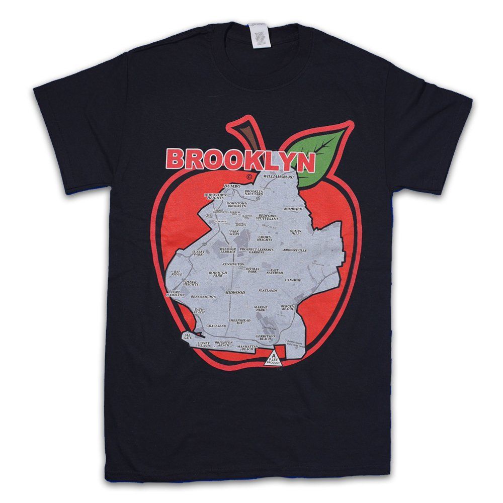 Black Brooklyn T-shirt with red apple outline and a map graphic inside, 