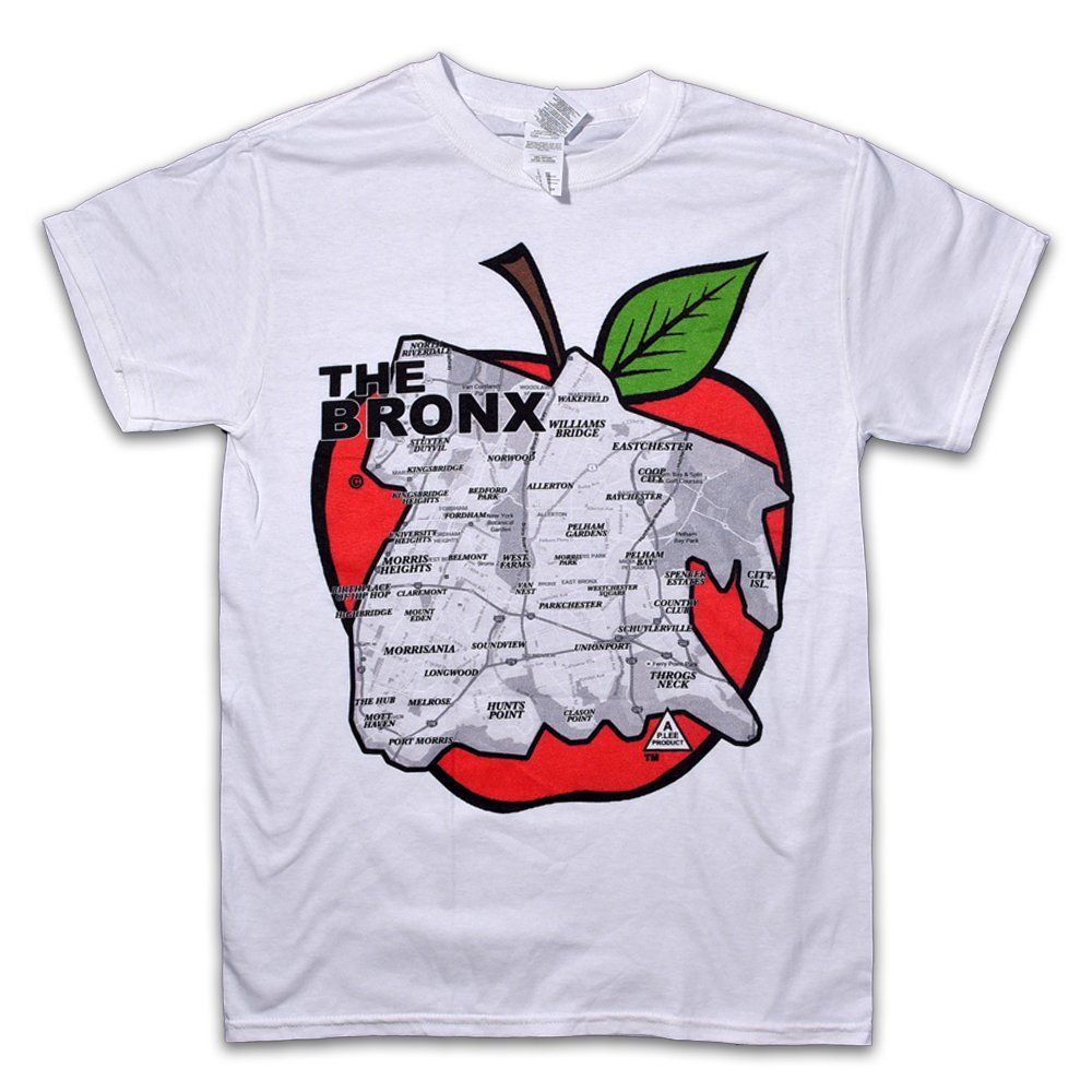White T-shirt with a red apple graphic labeled “The Bronx” and a green leaf, featuring a map pattern.