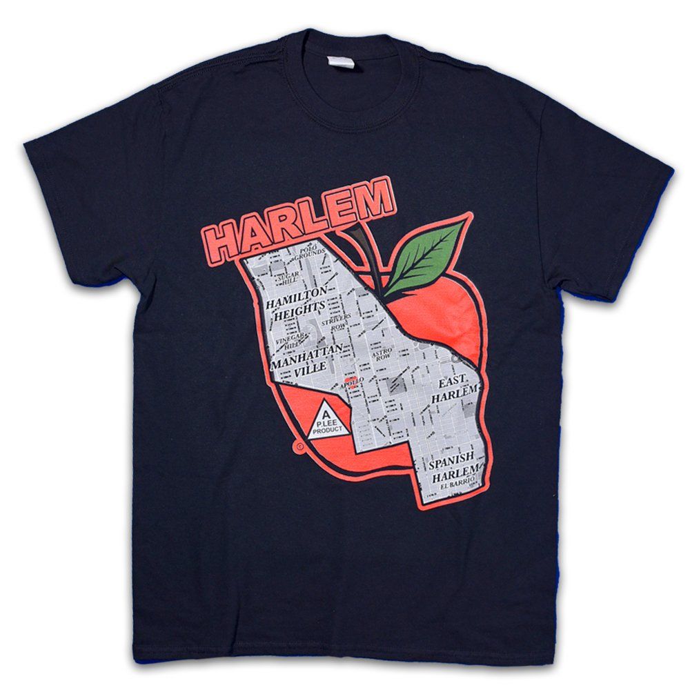 Black T-shirt with a red-and-green Harlem apple graphic and map print on the front