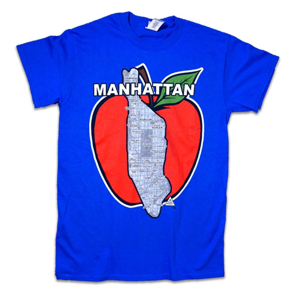 Blue T-shirt with a Manhattan apple-and-skyscraper graphic and the word “MANHATTAN”