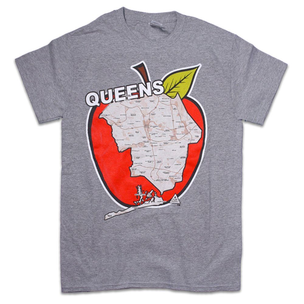 Gray T-shirt with a red apple graphic and “QUEENS” text, featuring a map inside the apple shape