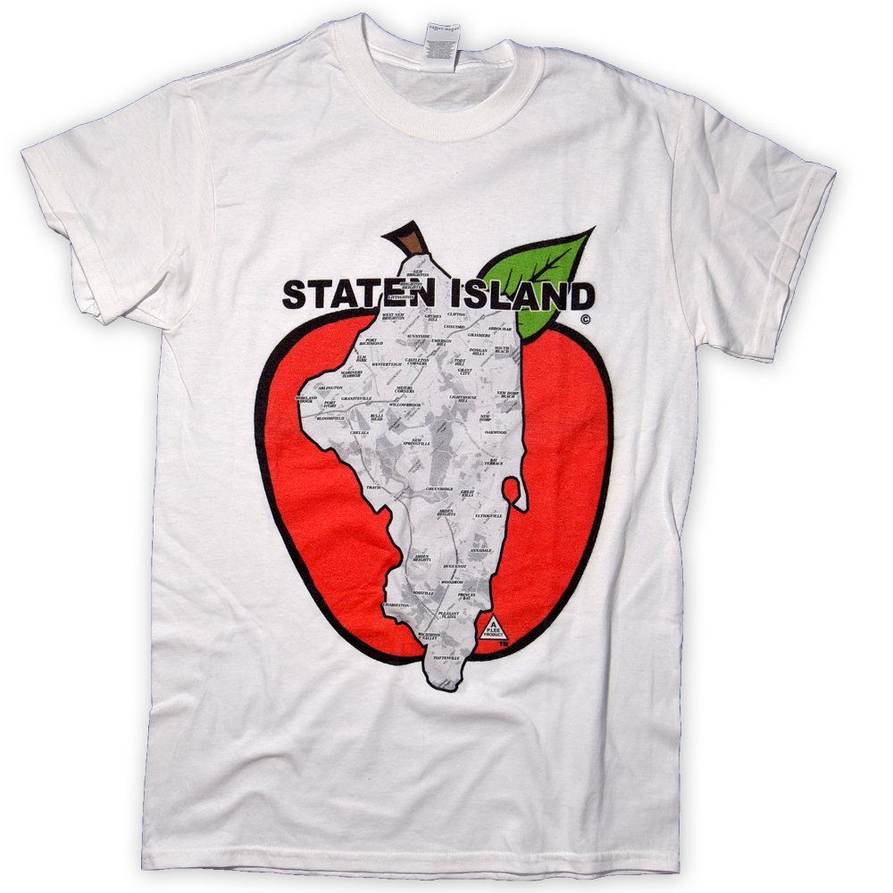 White T-shirt with a red apple graphic and “STATEN ISLAND” text across the chest