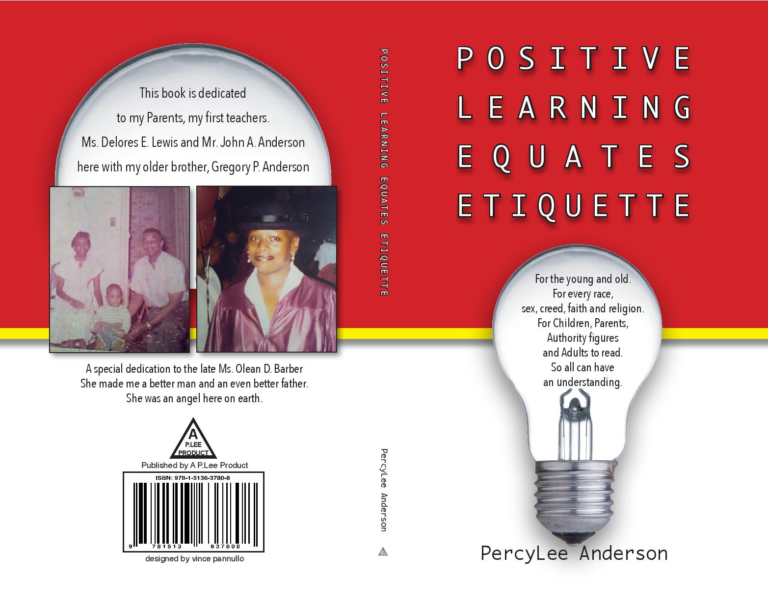 Book cover titled “Positive Learning Equates Etiquette” with red background and lightbulb graphic