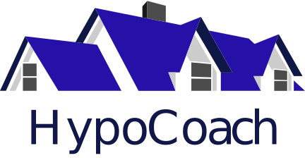 Een logo voor een bedrijf genaamd hypocoach met drie huizen en een blauw dak.
