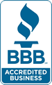 A blue and white bbb accredited business logo on a white background.