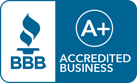 A blue and white logo for bbb accredited business