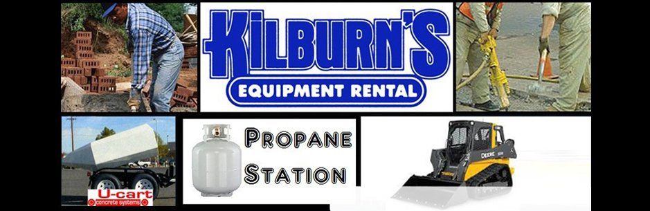 Kilburn's Equipment Rental: Workers, heavy equipment, and propane tank.