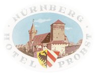 Logo des Hotels Probst Nürnberg: Illustration einer Burg mit einem Schild in ovaler Form.