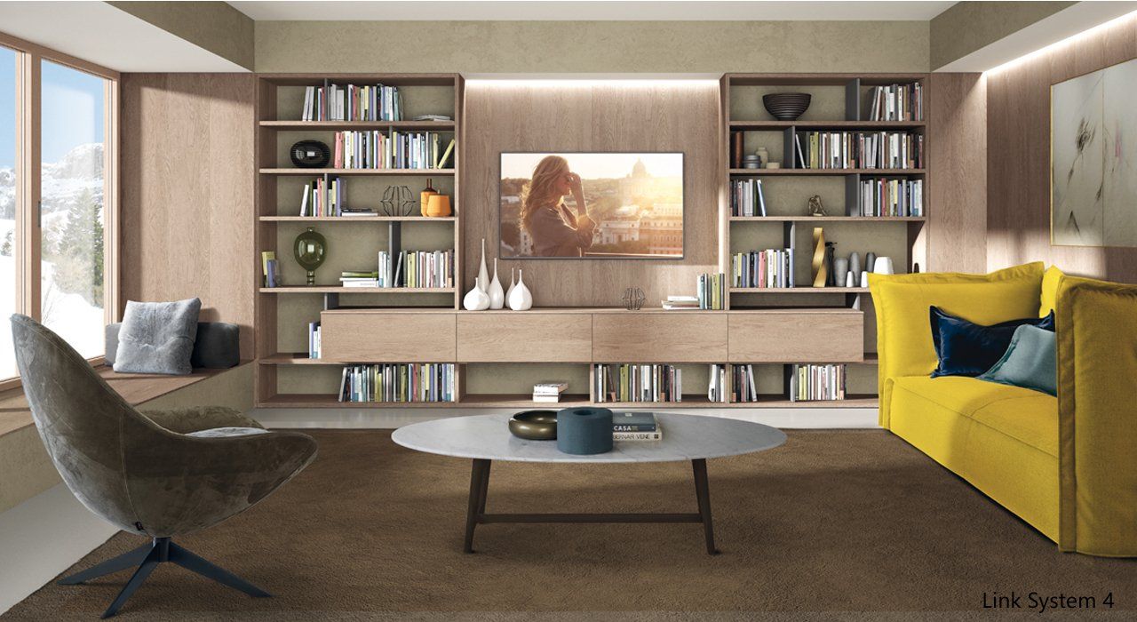 Contemporary TV Unit and Shelving System in Oak Effect in a designer living room.