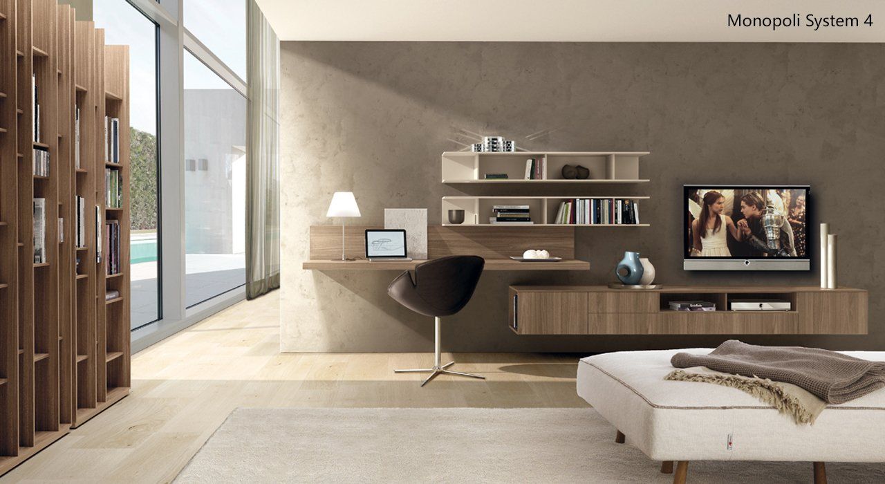 Modular Wall Hanging TV Storage Unit with Shelving and Desk in a designer bedroom.