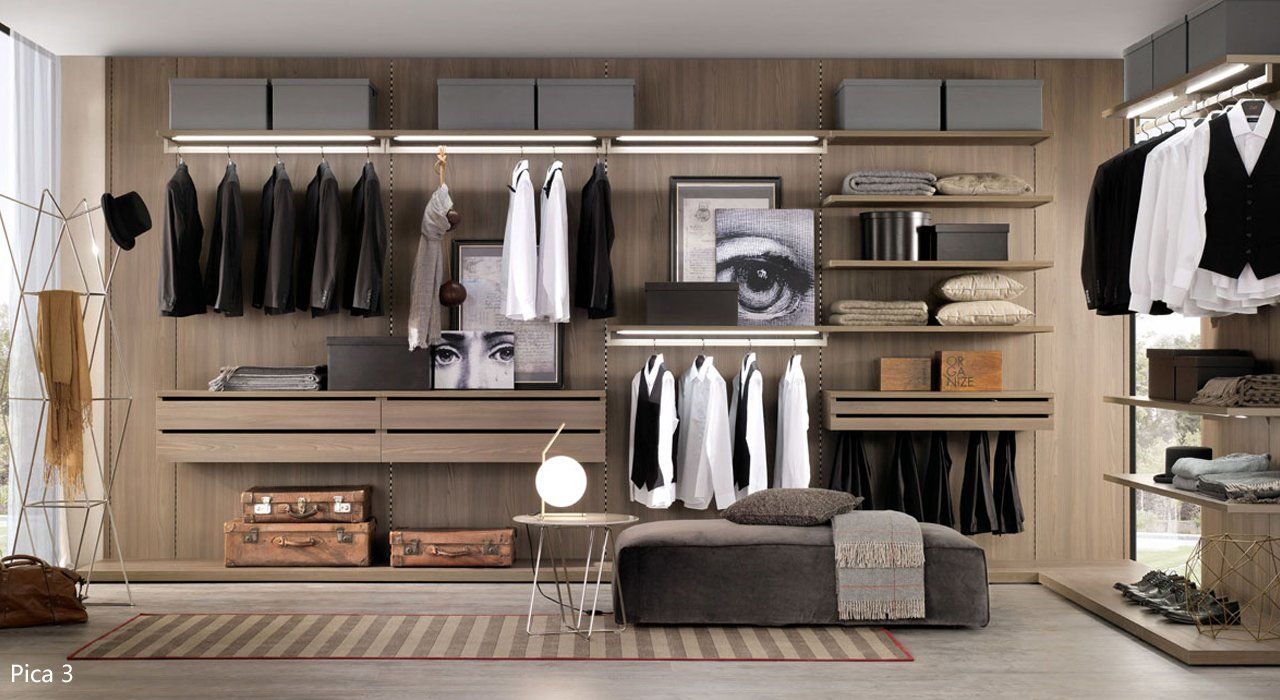Zalf Pica Wall Hanging Closet System shown in oak effect making the perfect walk-in wardrobe