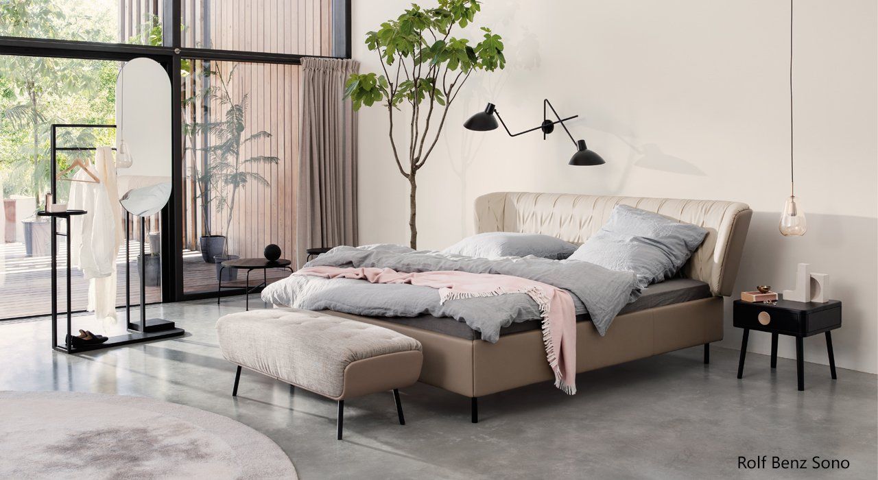 The Rolf Benz Sono Bed with Upholstered Leather Headboard, with 918 Upholstered Bench and 916 Bedside Unit in Black Oak and 907 Valet stand