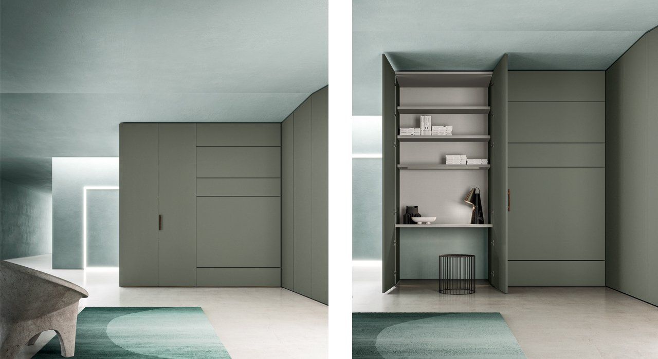 Zalf spacemaker Wardrobe System with pull down double bed. Available in many lacquer and wood finishes.