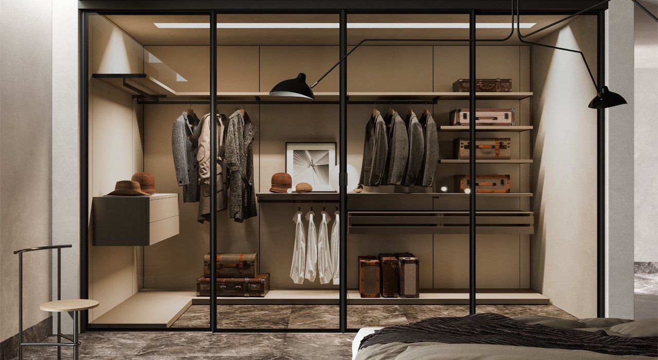 Glass Fronted Dressing Room with Shelving and Drawers. Available with optional smoked or fumed glass with lacquer and wood finishes.