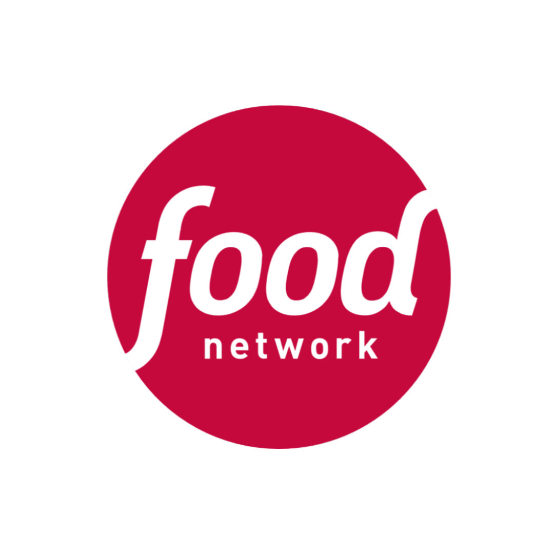 A red and white food network logo on a white background