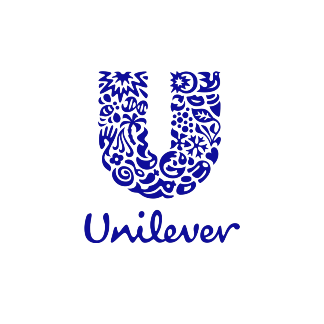 A blue and white logo for unilever with a letter u surrounded by flowers and leaves.