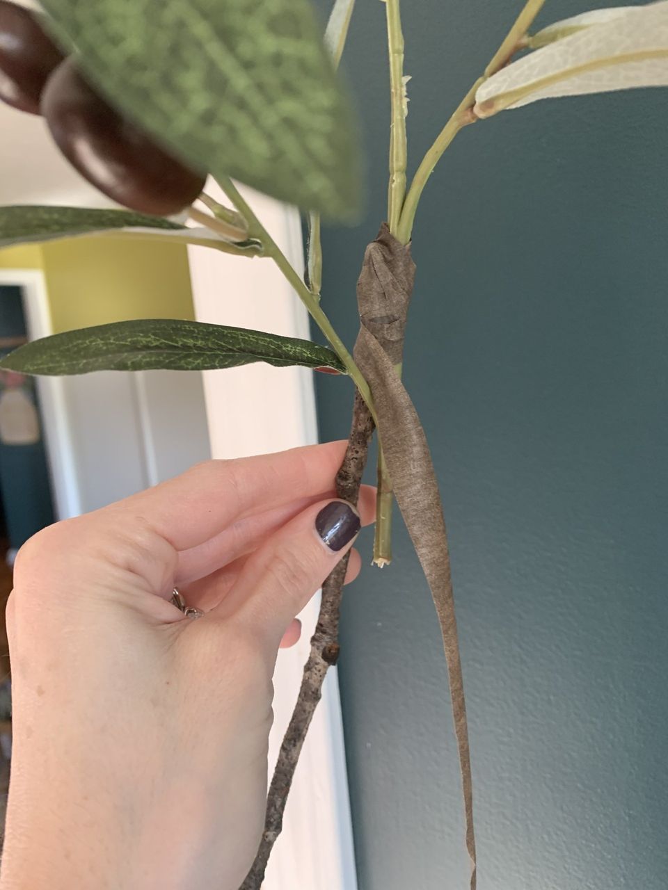 wrapping olive branch with brown floral tape around the branch