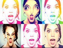 A collage of six pictures of a woman with different facial expressions.