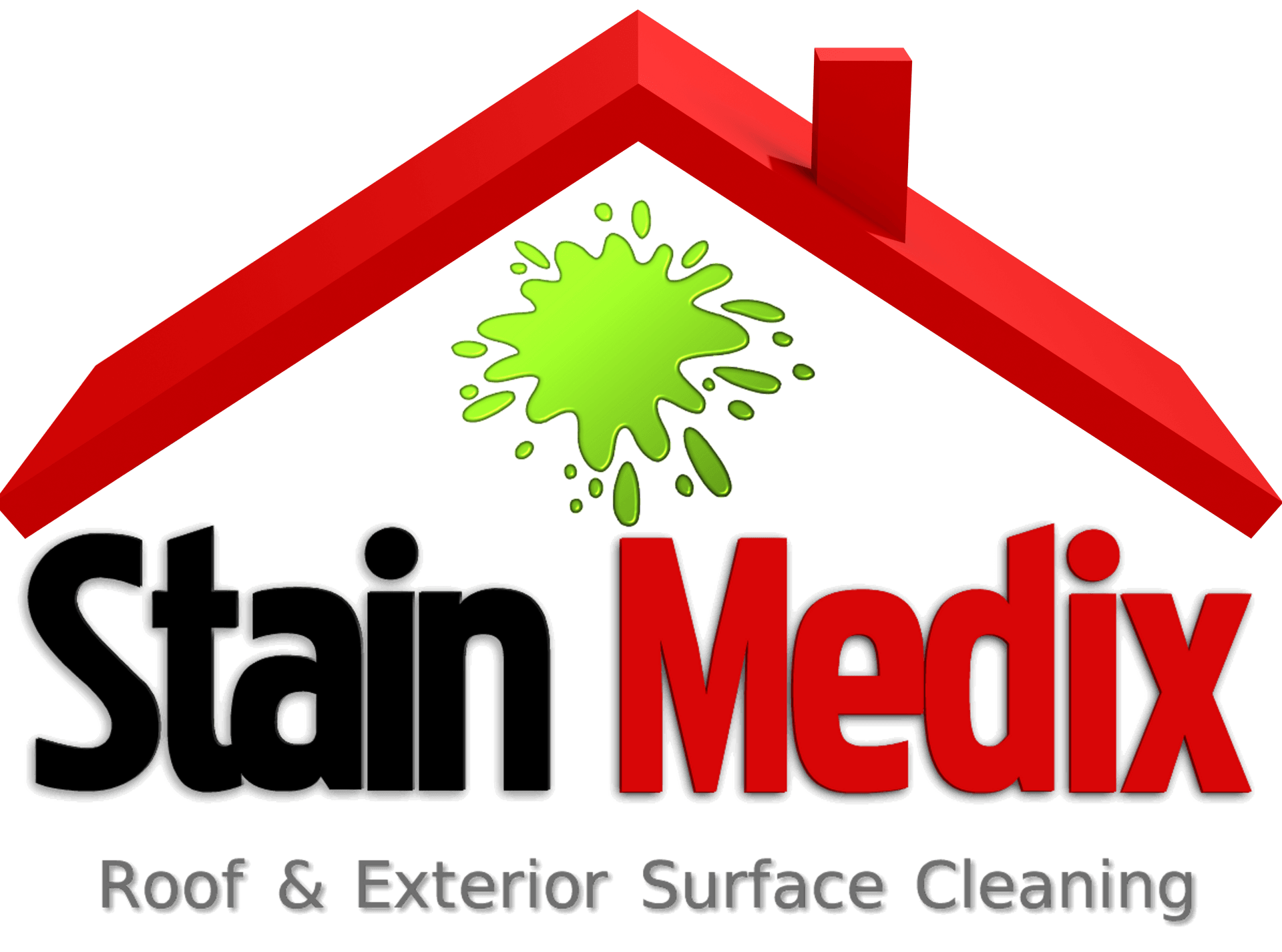 Stain Medix logo with red roof and green splash, “Roof & Exterior Surface Cleaning” text