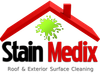 Stain Medix logo with red roof and green splash, “Roof & Exterior Surface Cleaning” text