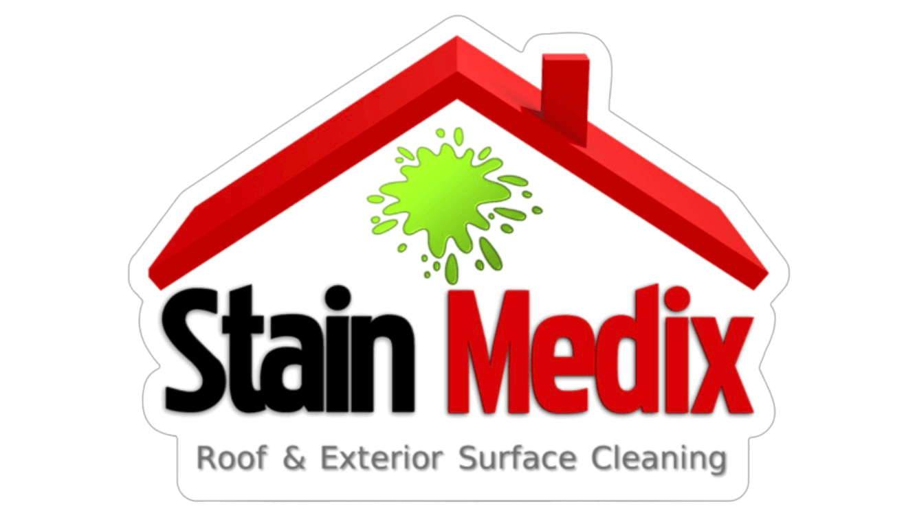 StainMedix logo with red roof outline and green splash, “Roof & Exterior Surface Cleaning” text