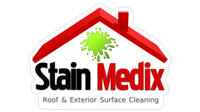 StainMedix logo with red roof outline and green splash, “Roof & Exterior Surface Cleaning” text