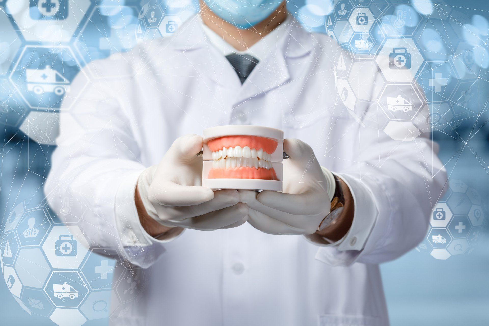 Dentist Holding Dentures — Denture Clinic in Belmont, NSW