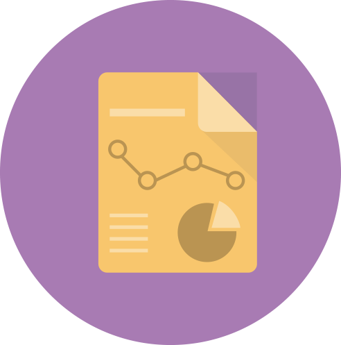 Yellow document with graph and pie chart on a purple background.