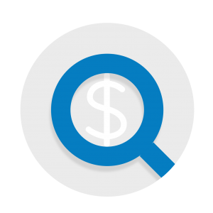 Blue magnifying glass with a dollar sign inside.