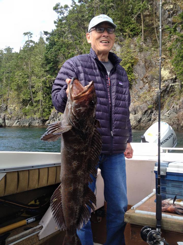 Man on a dock holding a large fish, with a boat and rocky shoreline behind him.